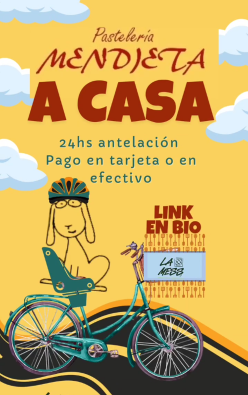 Afiche oficial de Mendieta a casa: el personaje en bicicleta llevando una caja de pedido